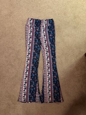 No Boundaries Navy and Pink Floral Stripe Flare Pants